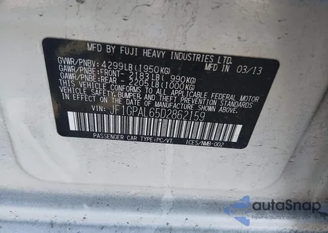 2013 Subaru Impreza 2.0I Sport Premium z USA, uszkodzony, nr VIN JF1GPAL65D2862159